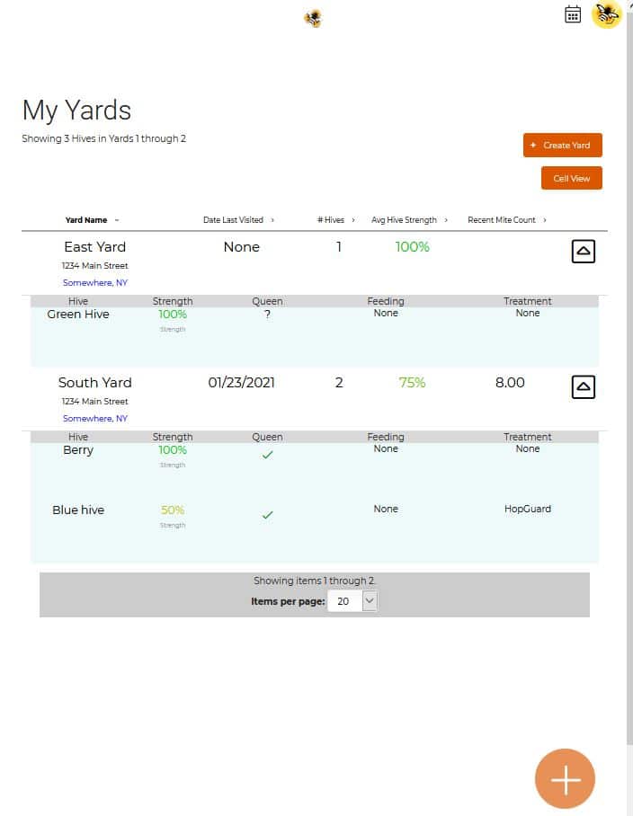 Hive Tracks My Yards showing hives in drop down